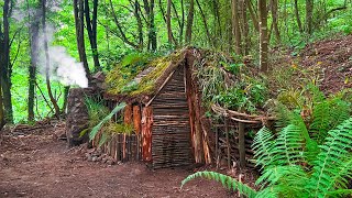 Building survival shelter with a fireplace Bushcraft earth hut moss roof amp fireplace made of mud [upl. by Painter]