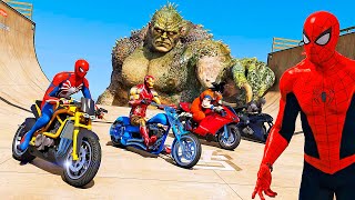 Homem Aranha e Amigos Heróis nova Corrida Épica Acrobática com CARROS vs TITAN Hulk  GTA V [upl. by Burkle]