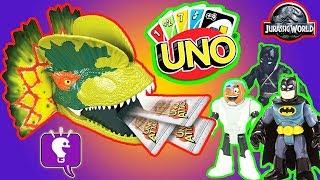 Jurassic World Uno with Black Panther and Batman Game Play by HobbyKidsTV [upl. by Eira]