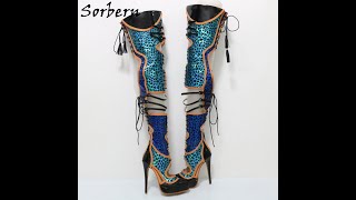 Sorbern Shiny Leopard Over The Knee Boots Women Lace Up Back Contrast Colors [upl. by Enitsirk]