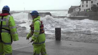 Porthleven Storm 08022014 Eventually a wave comes in [upl. by Nwhas63]