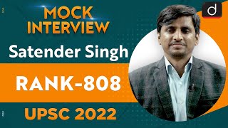 Satender Singh Rank 808  UPSC CSE 2022  English Medium  Mock Interview  Drishti IAS English [upl. by Ellasal]