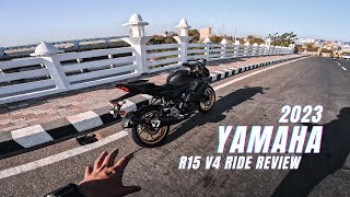 2023 Yamaha R15 V4 Ride Review  Introducing New Matte Black with Golden Rims  Worth Buying [upl. by Kanter]