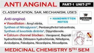 Anti anginal drugs complete  Chapter 1 Unit 2  medicinal chemistry 5th semester  Carewell [upl. by Bouley475]