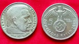 Germany SILVER 5 REICHSMARK Paul von Hindenburg 1936 1938 5 марок Третий Рейх [upl. by Eitisahc69]