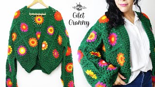 Crochet Gilet granny  Tuto granny square  Toutes les tailles [upl. by Fretwell]