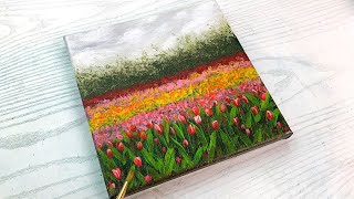 The EASY way to paint a spring TULIP FIELD Colorful flower field painting for beginner with acrylic [upl. by Aivatnohs]