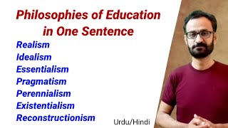 Philosophies of Education in one sentence  Realism Essentialism Pragmatism Progressivism [upl. by Ardnama]