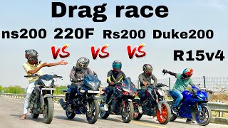 Pulsar 220f 2024 vs Ns200 vs rs200 vs duke200 vs r15v4 drag race yamaha ktm duke bajaj ns200 [upl. by Nessa61]