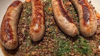 SAUCISSES DE TOULOUSE AUX LENTILLES  TOULOUSE SAUSAGES AND LENTILS VIDEO 239 [upl. by Croydon]