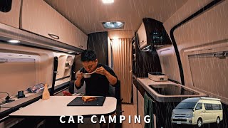 Car camping in the rain Toyota Hiace gets hit by heavy rain Large capacity battery [upl. by Sheehan]