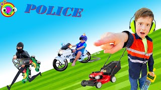 Lawn Mower Video for Kids  Blippi Toy Garbage Truck Police  min min playtime [upl. by Memory397]