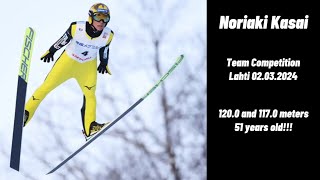 Noriaki Kasai 🇯🇵 1200 m amp 1170 m  Team Competition Lahti 🇫🇮 02032024  51 years old 😳 [upl. by Aihsemaj709]