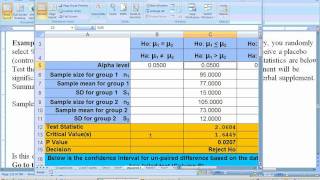 81a Unpaired ttest Hypothesis test using Excel Part 1 [upl. by Erbe]