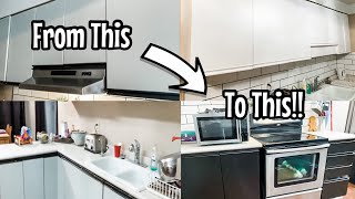 KITCHEN CABINET MAKEOVER  HOW TO PAINT MELAMINE CABINETS  NO ROLLER MARKS [upl. by Yajnas]