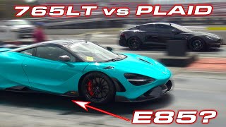 WILL E85 HELP  PLAID VS 765LT REMATCH  Tesla Plaid vs McLaren 765LT and then add E85 Fuel [upl. by Siuraj725]