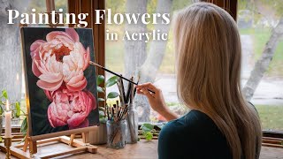 How To Paint Flowers In Acrylic  Peony Painting Timelapse Tutorial [upl. by Ahselyt]