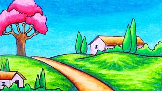 How To Draw Easy Village Scenery On A Hill  Drawing Easy Village Scenery With Oil Pastel [upl. by Nesline777]