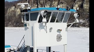 3 Towboats Southbound Illinois River Onto Mississippi River in the Ice [upl. by Komara]