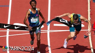 Jakob Ingebrigtsen lunges to save Prefontaine 3000m title by 01 over Yomif Kejelcha  NBC Sports [upl. by Cott]