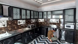 aluminium kitchen cabinets black colour with print glass check this video [upl. by Wollis]