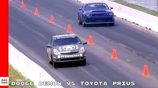 Dodge Challenger Demon vs Toyota Prius With Hellcat Engine Drag Race [upl. by Barbour]