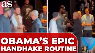 OBAMAS EPIC HANDSHAKE routine with CURRY and LEBRON goes VIRAL– a reallife Key amp Peele moment [upl. by Nattie]