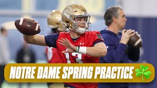 Watch Notre Dame spring practice What we learned from practice No 1  Riley Leonard CJ Carr more [upl. by Tnomal814]