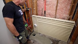 How to Install Tile Redi Shower Pan  Moving Drain Pipe in Concrete Foundation [upl. by Rozina]