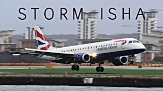 STORM ISHA  CROSSWIND LANDINGS  Luxair Q400 GOAROUND at London City Airport 40MPH WINDS [upl. by Euqinehs]