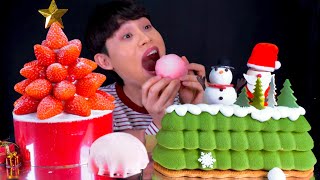 ASMR 미리크리스마스 케이크🎅🏻딸기폭탄케이크 숲속마을케이크 눈사람 케이크 먹방 Christmas Cakes Strawberry Cake Forest Cake MuKBang [upl. by Neelya]