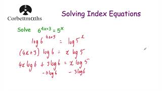 Solving Index Equations using Logs  Part 1  Corbettmaths [upl. by Horton]