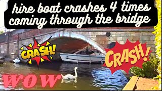 Hire boat crashes 4 times coming through wroxham bridge 🤷🏻‍♂️🤷🏻‍♂️🤷🏻‍♂️🤷🏻‍♂️ [upl. by Esirehc]