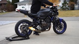 Yamaha MT07 Akrapovic Cold start  Revs  Fly by LOUD [upl. by Atekan808]