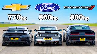 Ford Mustang v Chevy Camaro v Dodge Hellcat Redeye DRAG RACE [upl. by Llert181]