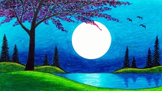 How to Draw Beautiful Moonlight Over the Lake Scenery  Oil Pastels Scenery Drawing [upl. by Clarence468]