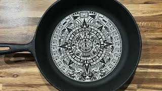 Laser Engrave Mayan Aztec Calendar in cast iron pan 1776 Laser co fiber laser engraving [upl. by Gnap]