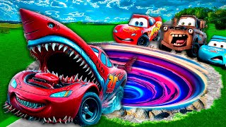 MEGA PITS with McQueen and Pixar Cars vs Big amp Small SHARK McQueen vs McQueen HEAD EATER  BeamNG [upl. by Akiria133]