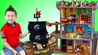 Jannie and Liam Pretend Play with Pirate Ship and Playhouse Toy Set [upl. by Rosemarie]