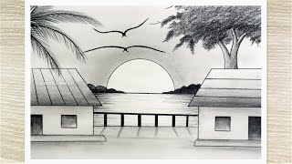 Sunset Landscape Drawing with pencil Pencil Drawing for Beginners step by step [upl. by Anileh]