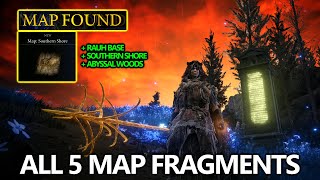 Elden Ring Erdtree  All 5 Map Fragments Locations Guide Southern Shore Abyssal Woods Rauh Base [upl. by Annawik]