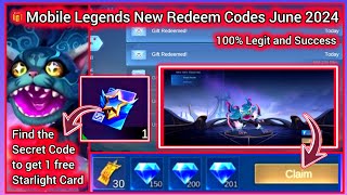 Mobile Legends Redeem Code June 1 2024  ML Diamond Codes  Secret Code to get 1 free Starlight Card [upl. by Levi]