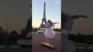 Parisian Sunrise Magic Woman Dances on Longboard in Flowing Dress [upl. by Rialcnis]