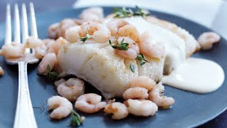 Recette  Flétan et crevettes au thym citronné sauce crémeuse au parmesan [upl. by Bellew]