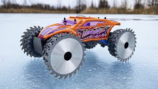 EXPERIMENT  Mega Saws Instead Of Wheels On a Very Fast 60KMh RadioControlled Car [upl. by Tihom]