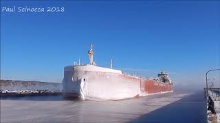 So Cold the Canal Froze  CSL Assiniboine arrives Duluth MN breaking ice [upl. by Erodasi]