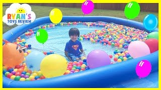 BALLOON POP SURPRISE TOYS CHALLENGE in giant ball pit [upl. by Emolas]