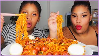 CHEESY FIRE NOODLES SAUSAGES EGGS MUKBANG [upl. by Gracia]