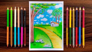 Nature Scenery Drawing with Cheap Colour Pencils for beginners  step by step [upl. by Bathelda540]