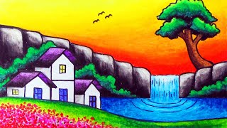 How to Draw Nature Scenery of Waterfall Sunset and Houses  Easy Waterfall Sunset Scenery Drawing [upl. by Ibur778]